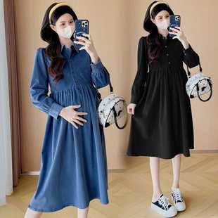 Real shot 2024 maternity dress new autumn temperament fashion long sleeve corduroy mid-length dress maternity dress