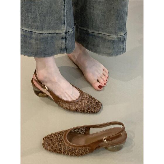 French Style Gentle Evening Breeze Toe Baule Mesh Woven Empty Sandals Women's Spring and Summer High Heels Women's Chunky Heels