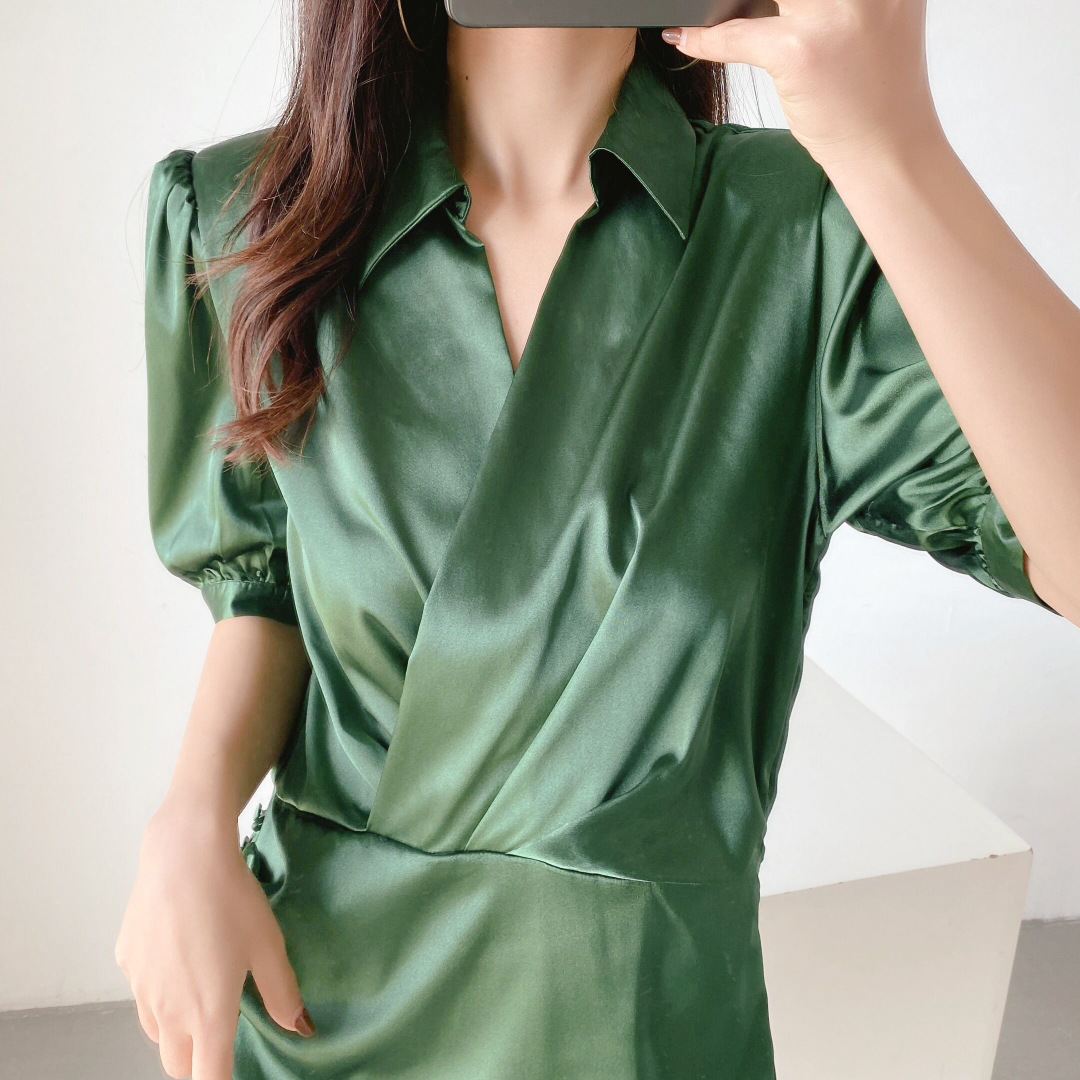Short Sleeve Slim Pleated Shirt Dress NSAM109130