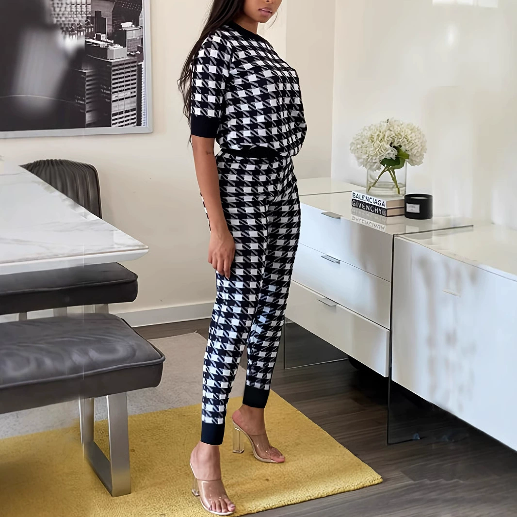 3526 модный повседневный черно-белый клетчатый спортивный стиль брюки костюм женский