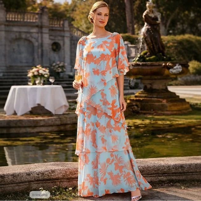 Cross-Border Amazon European and American A-Line Long Dress with Ruffles and Print for Women, Casual Formal Evening Gown