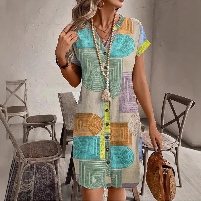 2025 European and American Clothing Export Amazon Summer Geometric Print Elegant V Neck Button Sleeve Dress for Women