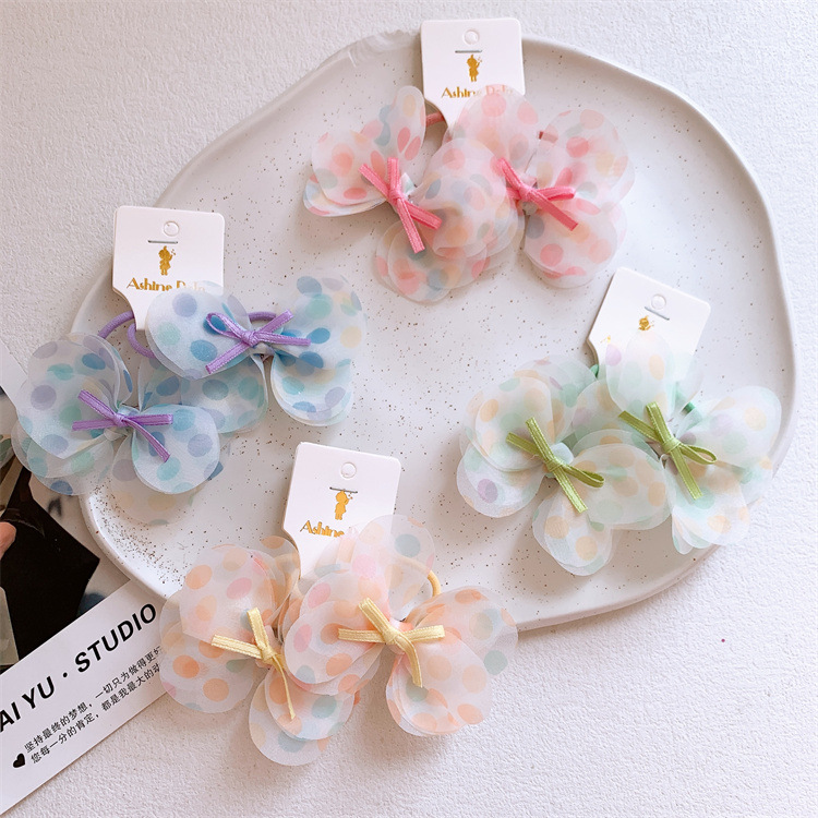 Spring New Children's Bow Hair Tie for Girls, Sweet and Cute Mesh Polka Dot Hair Ties, Non-Damaging Elastic Headbands
