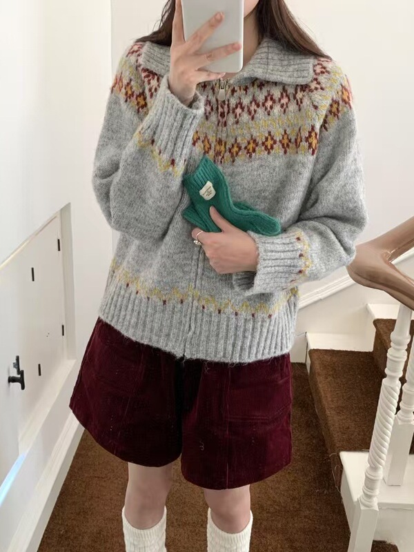 秋冬复古费尔岛翻领拉链毛衣外套女宽松外穿慵懒洋气针织开衫上衣|undefined