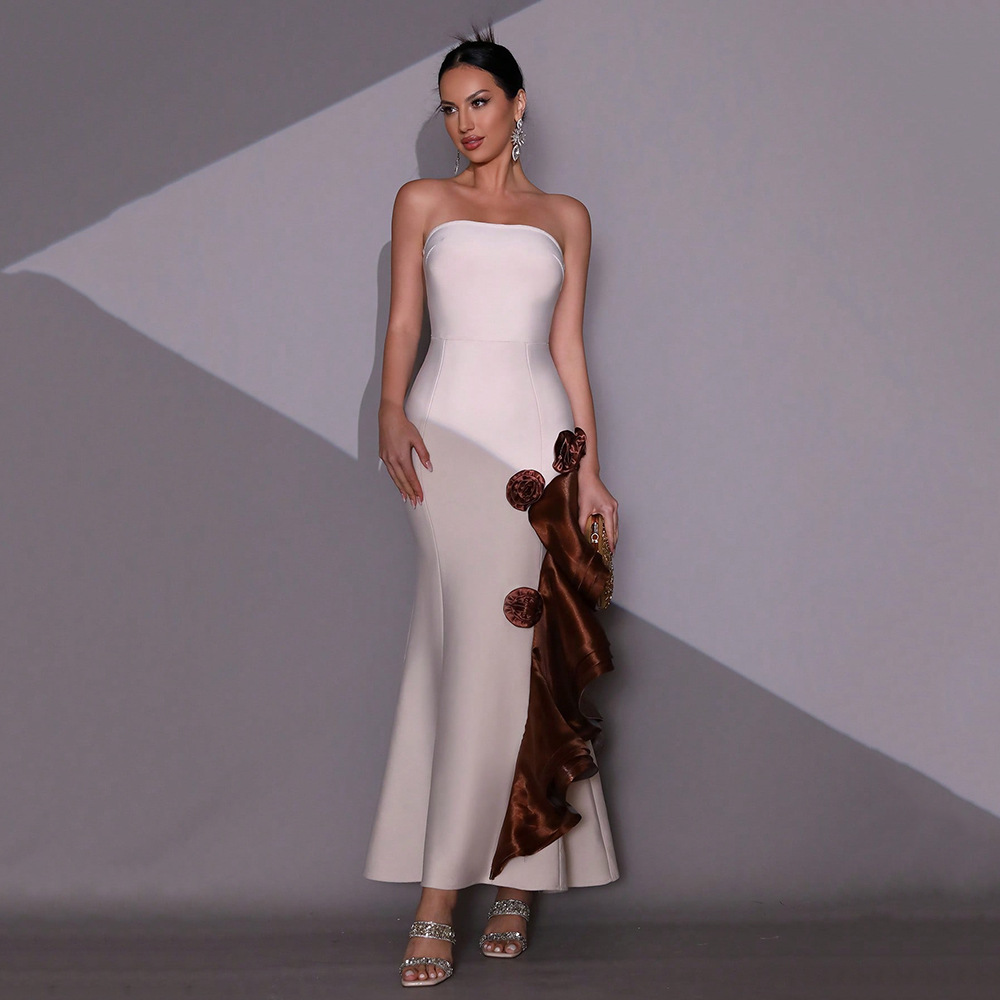 Bandage Long Dress for Women, Elegant 2026 New High-End Style, Light Luxury Strapless Floral Patchwork Dress Gown