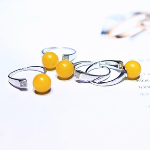 8mm Baltic Chicken Oil Yellow Natural Beeswax S925 Silver Ring Japanese and Korean Popular Full Product Flawless Opening
