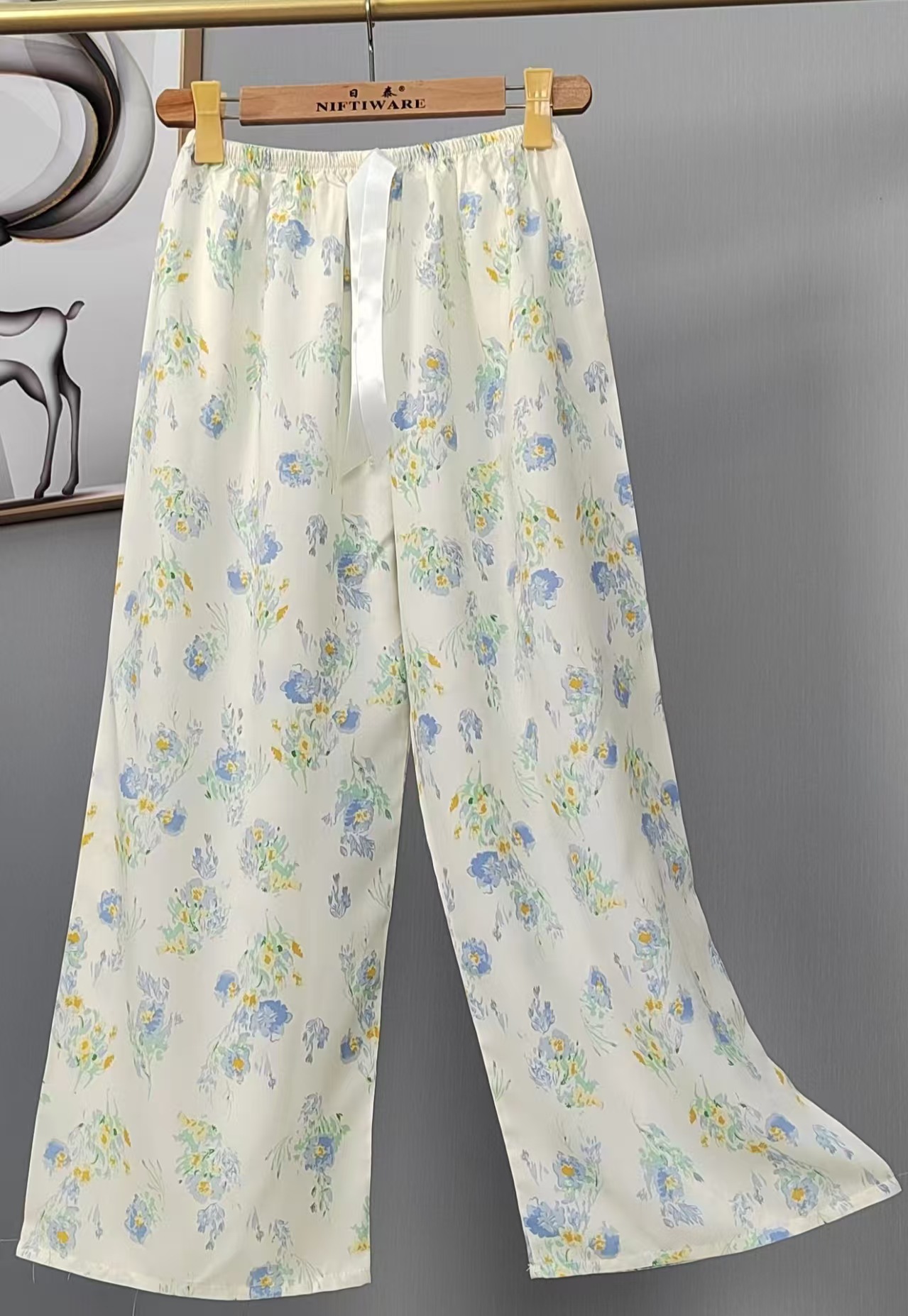 Pijama de seda de algodón para mujer, pantalones anchos de mujer embarazada de seda de algodón con estampado fino de verano