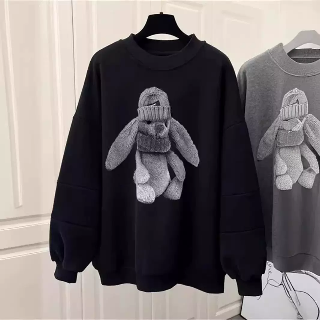 2025冬季新款小兔加绒圆领卫衣外套宽松女装上衣ins潮春秋加厚