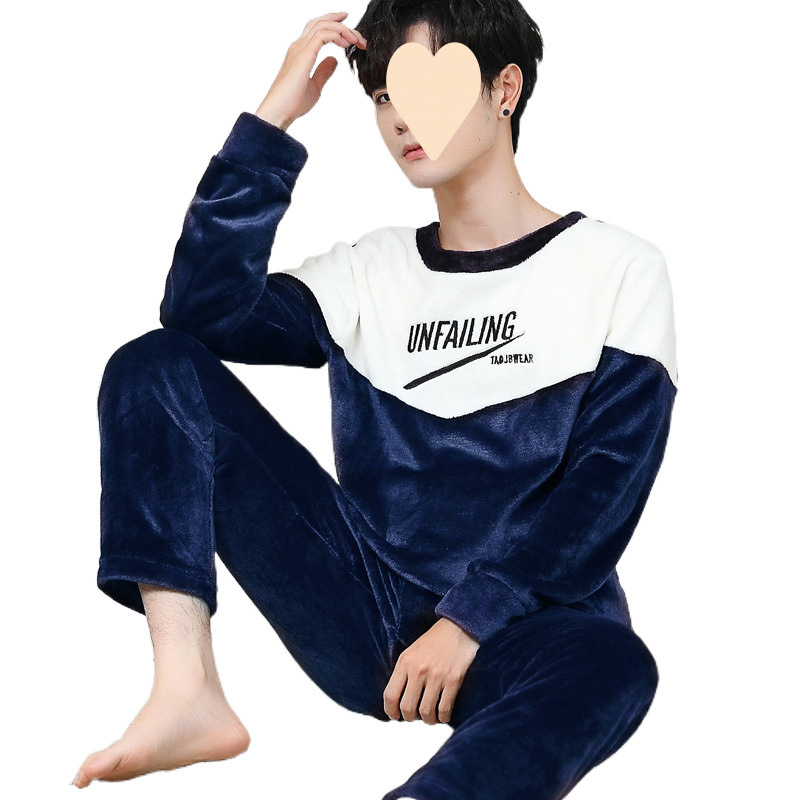 남성용 잠옷 겨울 플란넬 플러스 벨벳 두꺼운 프리미엄 양면 벨벳 겨울 청소년 남성용 홈웨어 세트