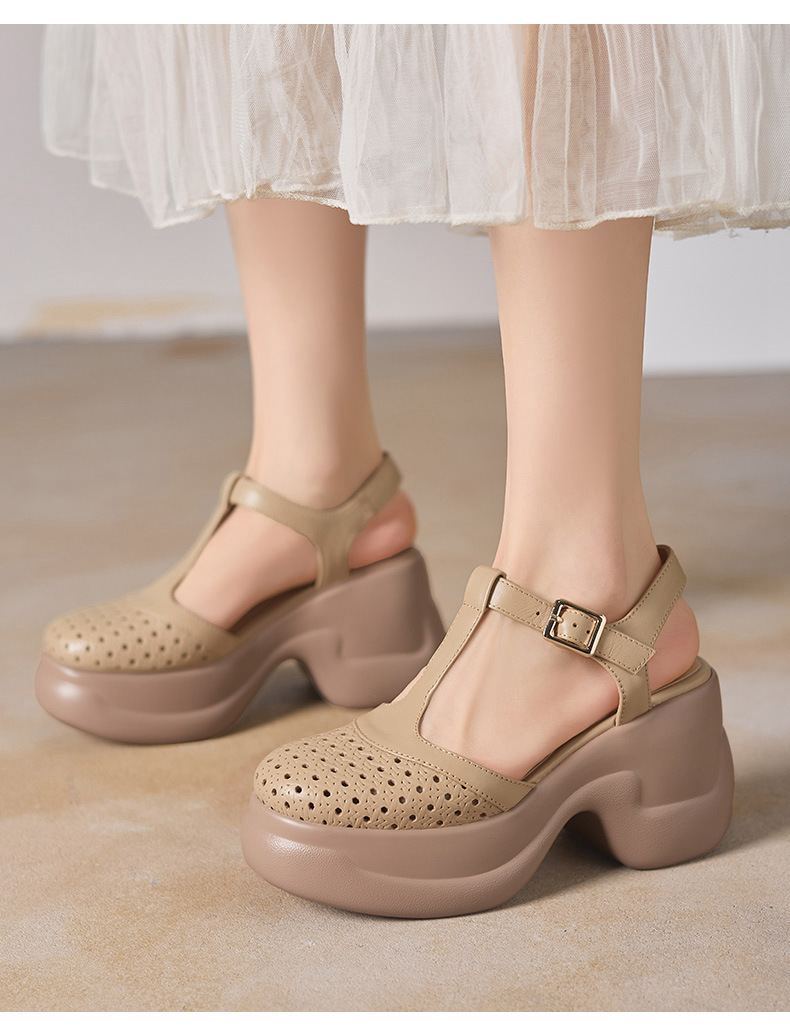 Sandal cao gót nữ quai ngang khóa T, đế dày 9.5 cm, gót thô — màu trắng ngà chi tiết 1