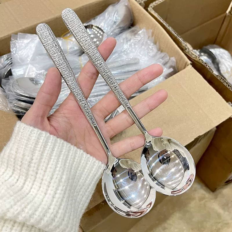 Light luxury long handle hammer pattern spoon household adult stainless steel western food spoon main meal eating spoon spoon dessert spoon dessert spoon