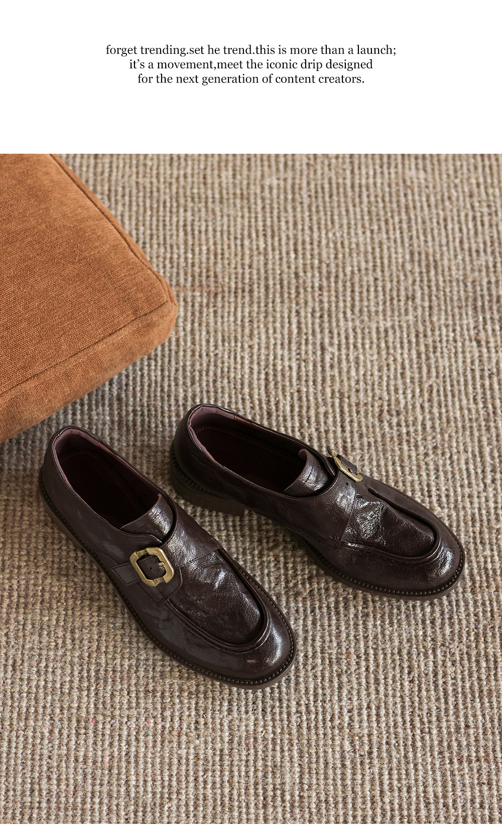 Giày loafer nữ phong cách Anh quai khóa, gót vuông thấp, mũi sâu, da bò — màu nâu chi tiết 21
