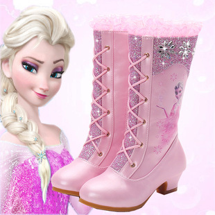 Children's High-Heeled Boots 2025 Autumn and Winter Girls' Elsa Princess Boots Little Girls' Velvet Cotton Boots Baby Leather Boots