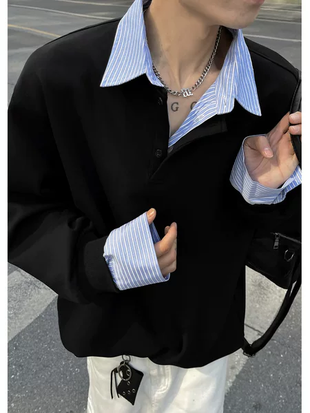 Fake Two-Piece Shirt Collar Sweatshirt Men's Autum Cleanfit Stripesd Splicing Handsome High Street Long-Sleeved T-Shirt Top