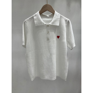 2025 Summer New Letter Heart Four-Color Lapel Short-Sleeved Pullover Loose and Versatile Women's Knitted Top