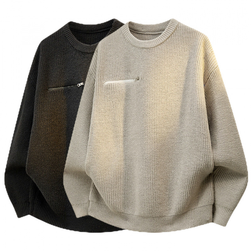 Cross-Border Popular European Size Large Size Thick Zipper Pocket Knitwear Men's Round Neck Solid Color Autumn and Winter Factory Wholesale