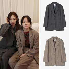 韩国小众 23冬季新款宽松羊毛混纺条纹西装外套女可配套