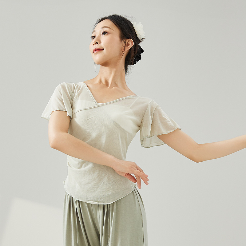 Classical Dance Clothing for Women, New Modern Practice Clothing, Elegant Short-Sleeved Gauze Clothing, Slim-Fitting Adult Tops, Dance Clothing