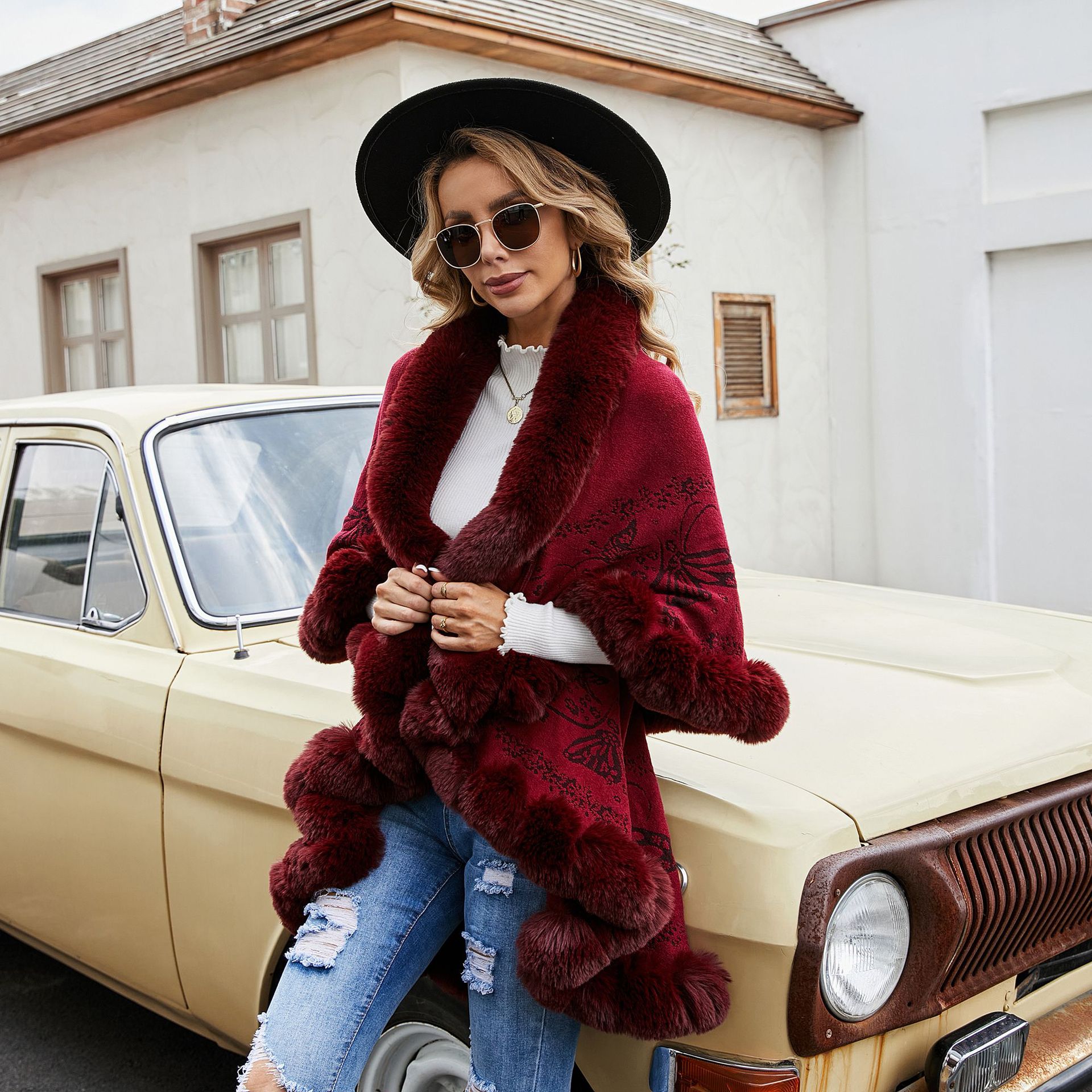 Tiktok transmisión en vivo Otoño e Invierno Nueva suelta Faux Fox Cuello de piel de doble capa chal capa simple moda casual moda