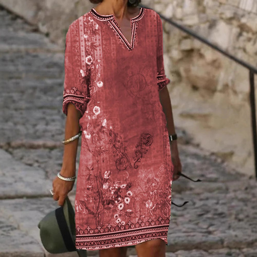 European and American Amazon Temu Cross-border Women's Ethnic-style Printed Casual V-neck Dress with Short Sleeves, Elegant for Commuting