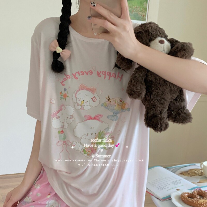 Reefur Rinka Summer Pajamas for Women Modal Tulip Cartoon Print Short-Sleeved Shorts Set