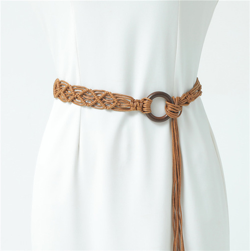 Bohemian Style Wax Rope Handmade Wood Circle Weaving Waistband Ethnic Style Matching Dress Belt 