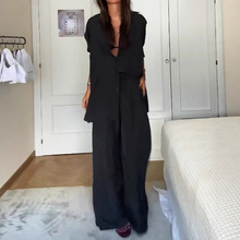 2025跨境女装时尚休闲套装单排扣宽松长袖上衣高腰阔腿裤两件套