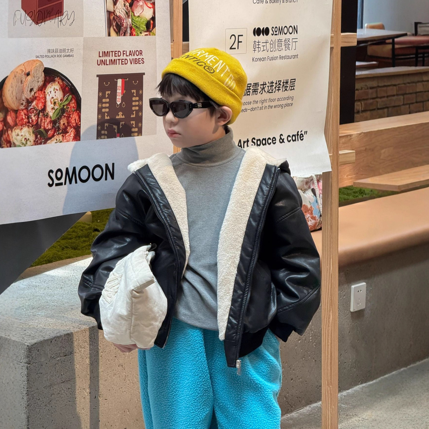 蓝钰25秋冬新品韩国童装中小童男童加厚毛夹里黑色pu皮衣夹克外套