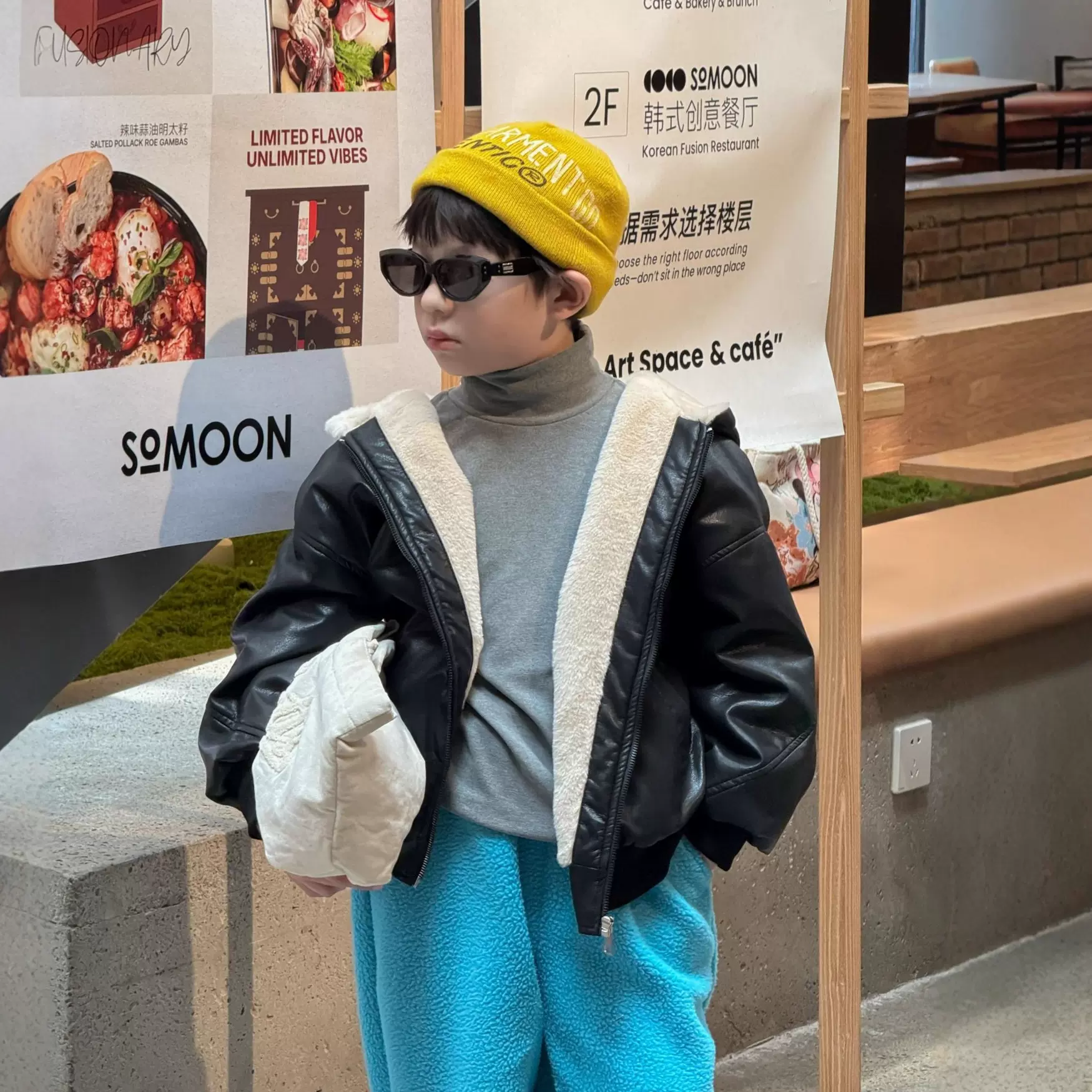 蓝钰25秋冬新品韩国童装中小童男童加厚毛夹里黑色pu皮衣夹克外套