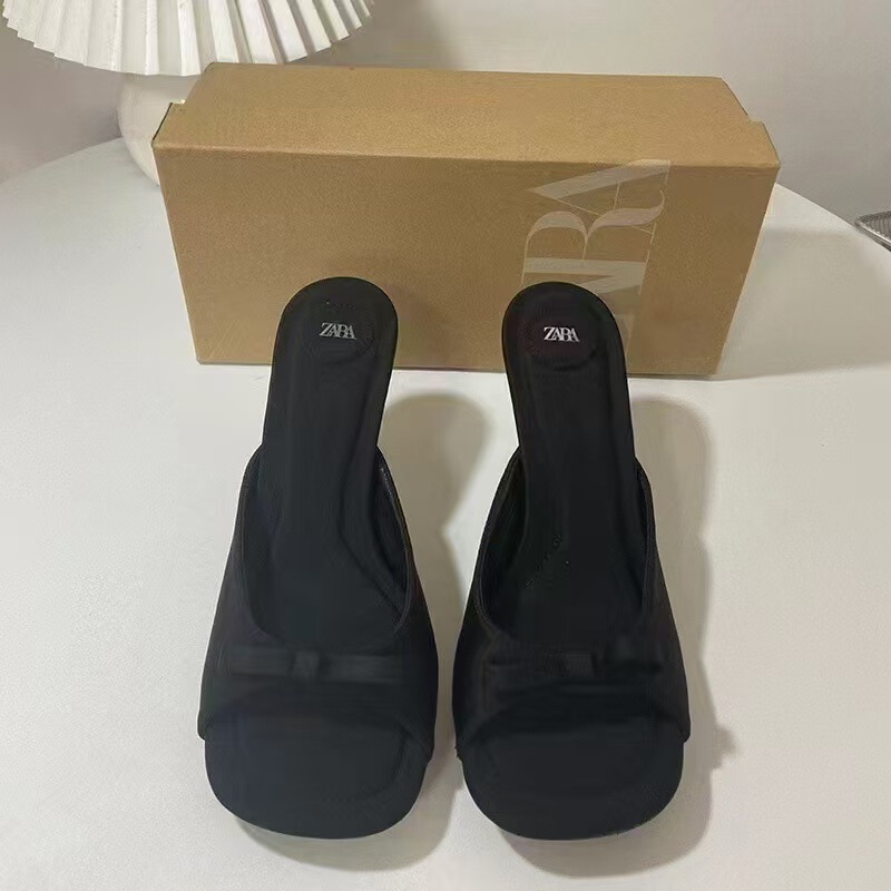Za Women's Shoes 2025 New Autum Bow-Decorated Stiletto Heels for Outer Wear One-Strap Slippers Beautiful High-Heeled Slippers for Women