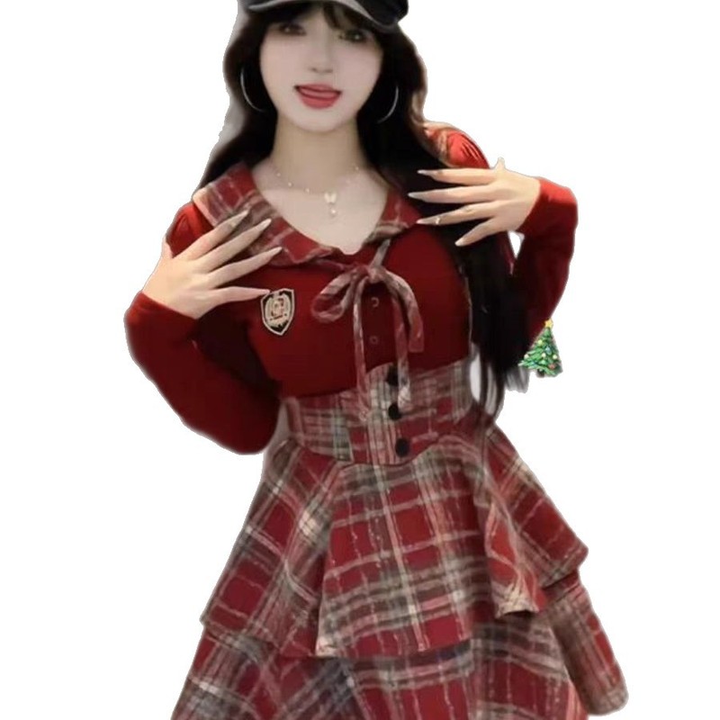 早秋纯欲风jk制服套装女春秋新款拼接衬衫+格纹束腰裙显瘦两件套|undefined
