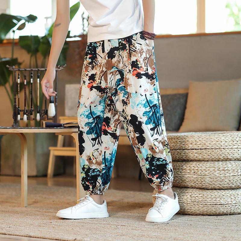 Pantalones tailandeses de flores de anacardo para hombres, pantalones de nueve puntos anchos de lino de estilo chino fino de verano, pantalones de chándal de pies sueltos, marea