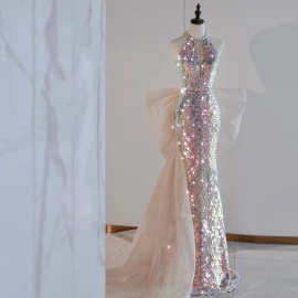 晚礼服女挂脖亮片名媛收腰鱼尾年会主持人鱼姬轻奢小众新娘敬酒服