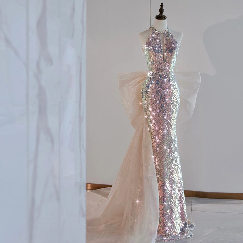 Evening dress women's neck sequins socialite waist fishtail annual meeting host Yuji light luxury niche bride toast Evening dress women's neck sequins socialite waist fishtail annual meeting host Yuji light luxury niche bride toast