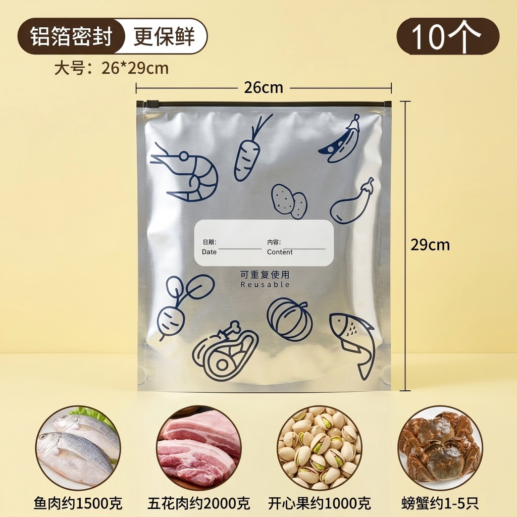 Bolsa de sellado de aluminio tipo cremallera para almacenamiento de alimentos congelados en refrigerador