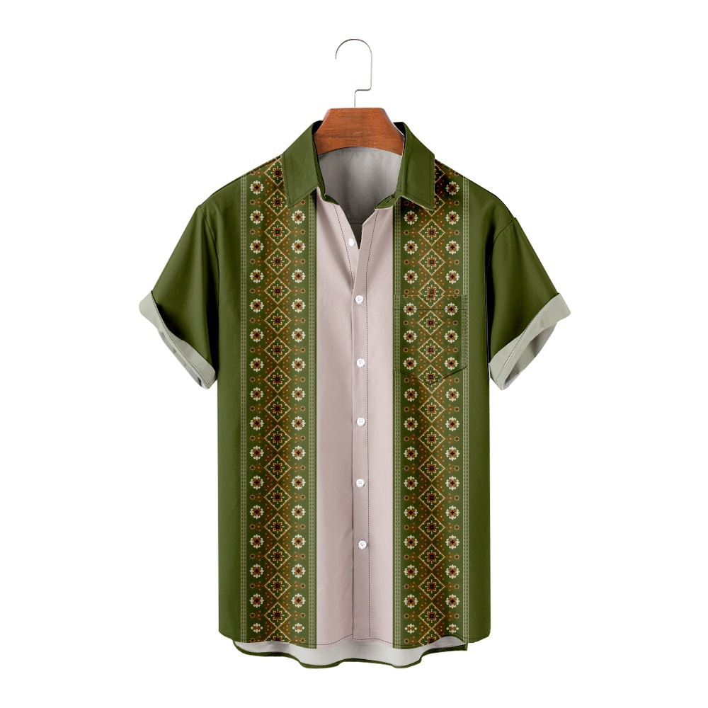 2023 nuevo verano transfronterizo rayado floral 3D Impresión digital manga corta moda solapa camisa de bolsillo de los hombres