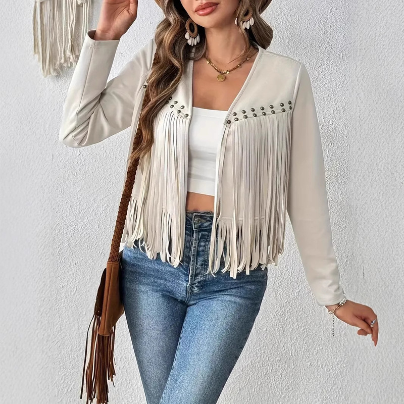 2025 European and American Amazon New Multi-nail Tassel Jacket Women's Suede Buckle-free Jacket Vest Jacket Cardigan