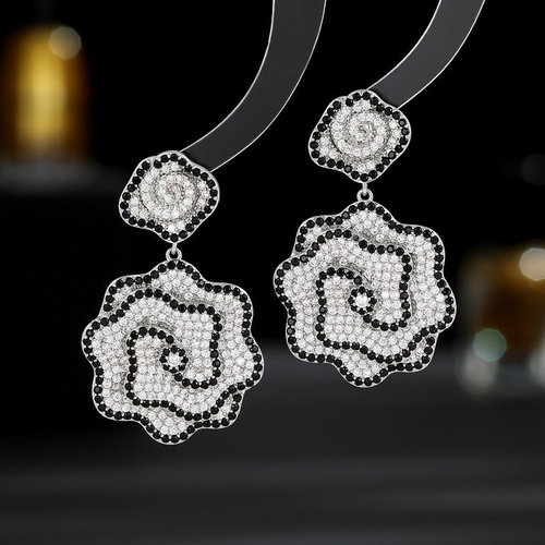 S925 Silver Needles Light Luxury High-End Earrings Wholesale Design Style Double Color Zirconia Embedded High-Grade Camellia Flower Earrings
