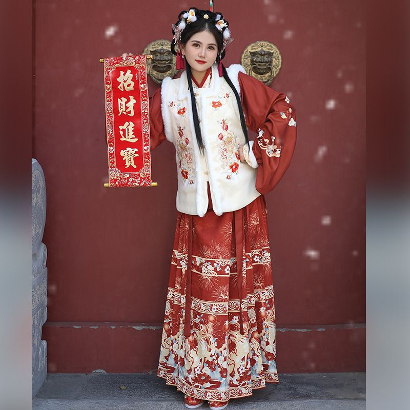 New Year Original Hanfu for Women 2026 New Style Ming Dynasty Square Collar Embroidered Jacket and Horse Face Skirt Winter Fleece Set