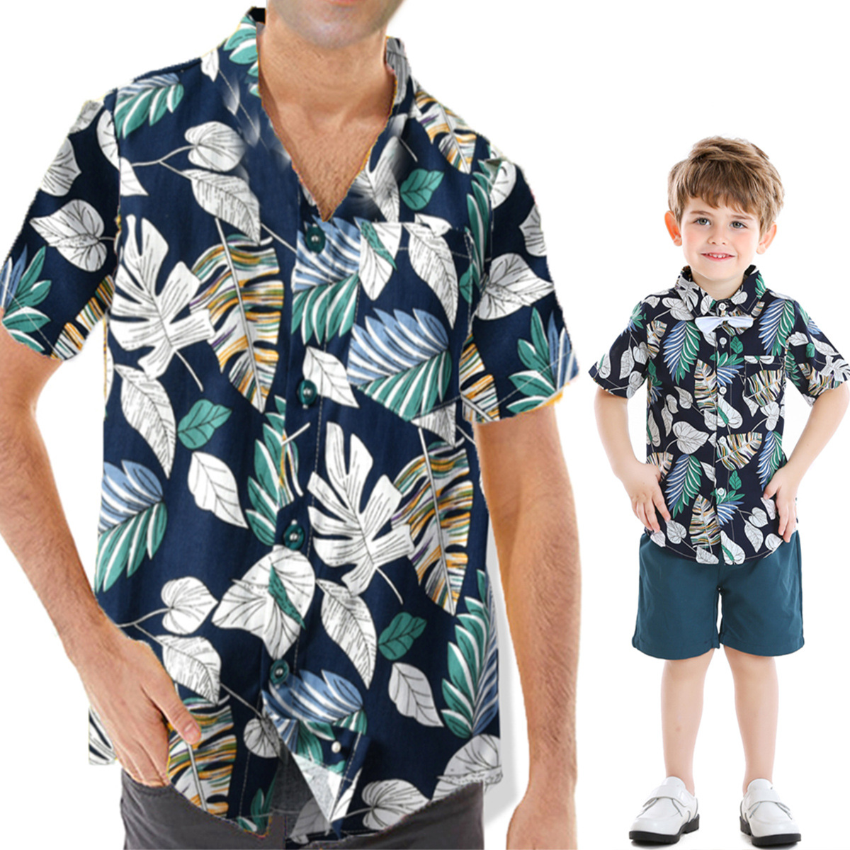 Ropa familiar de verano, camisa de algodón de manga corta, solapa, vacaciones en la playa, estilo de moda para padres e hijos, cárdigan casual estampado de todo fósforo