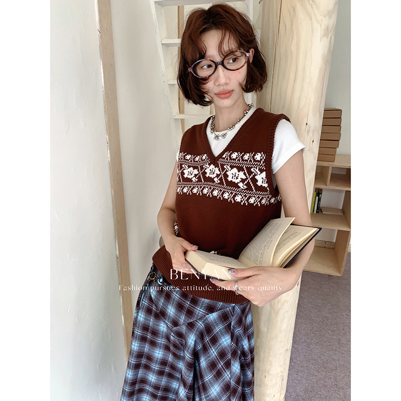 BENYAN本言 十三行法式温柔风提花v领无袖跌穿针织背心毛衣女3568|undefined