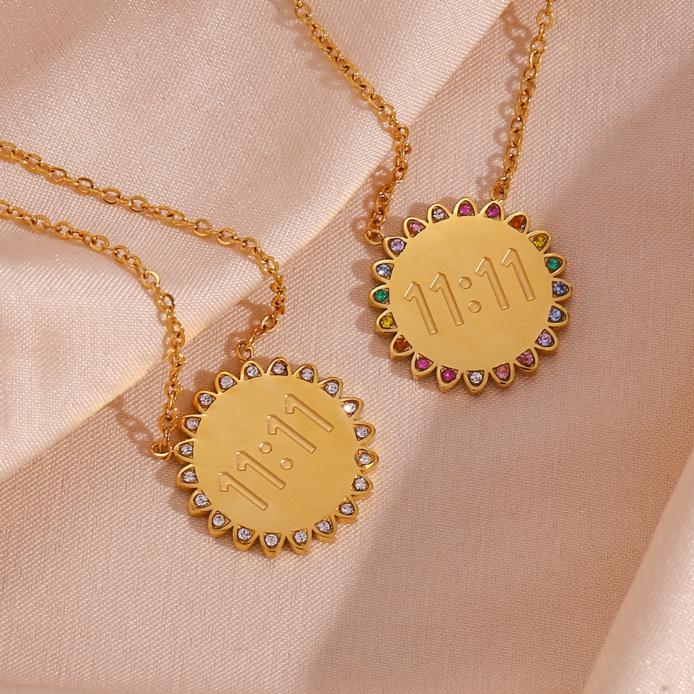 欧美时尚简约个性项坠饰品不锈钢镀18K金微镶水钻太阳花吊坠项链