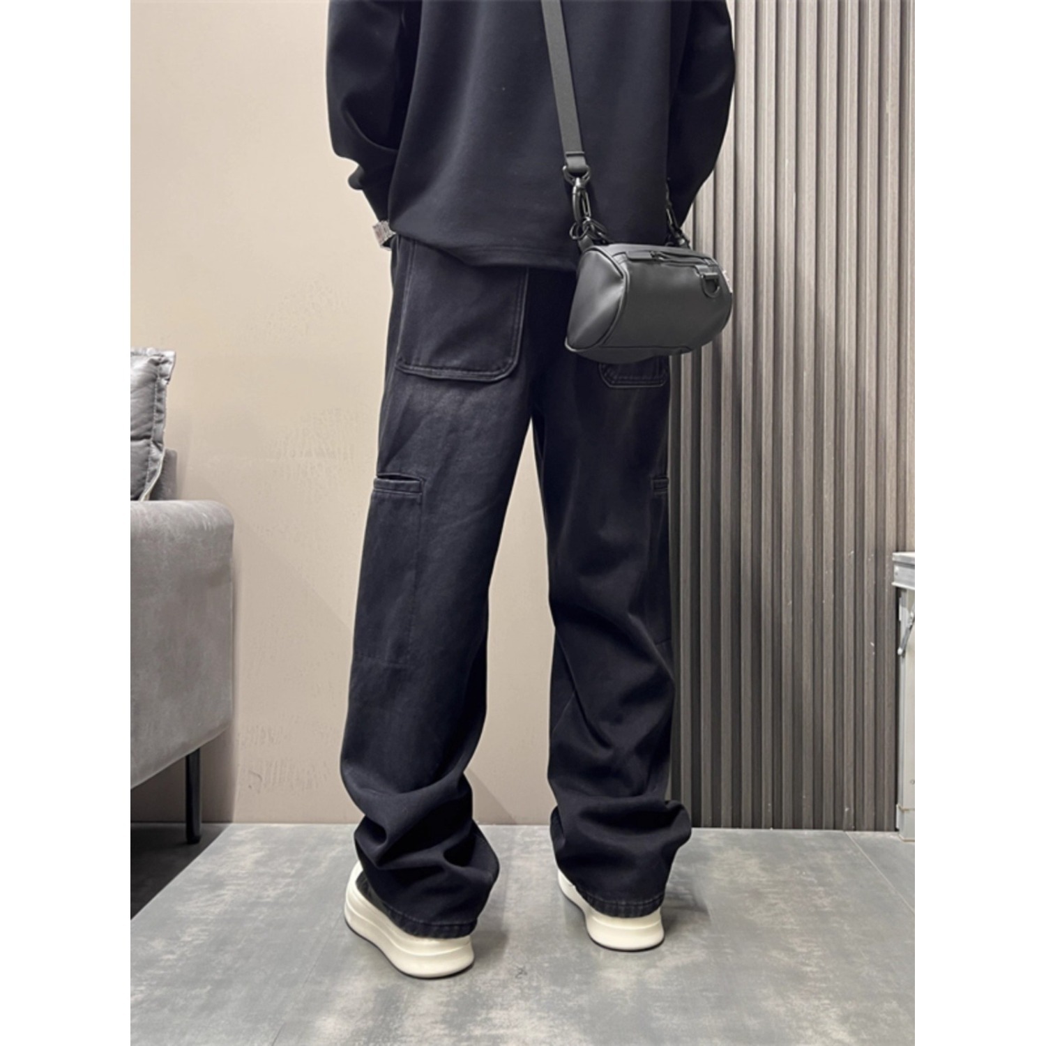 Men's Smoky Gray Washed Retro Straight Leg Jeans Style High Street Loose Fit Trendy Slimming Casual Slightly Flared Trousers_mkmklike.com