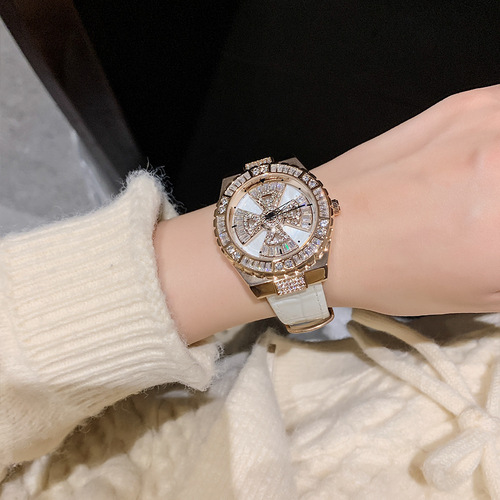 Timini  New Rhinestone Light Luxury Belt Watch Fashionable Temperament Rotating Dial Design Women's Quartz Watch