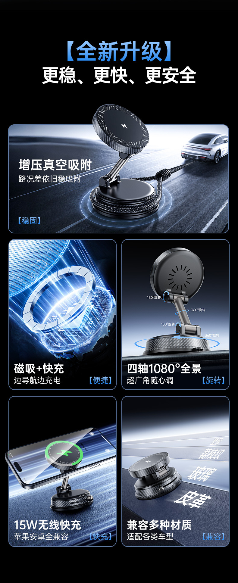 Cross-Border New Product Multi-Functional Rotating Vacuum Adsorption Bracket Car Navigation Vacuum Magnetic Suction Car Wireless Charging Bracket