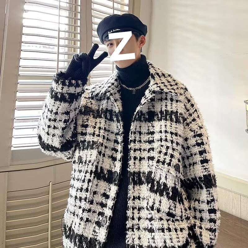 Unique Designer Tweed Coat for Men, Chanel-Style Thick Loose Wool Coat, Autumn and Winter Ins Trend