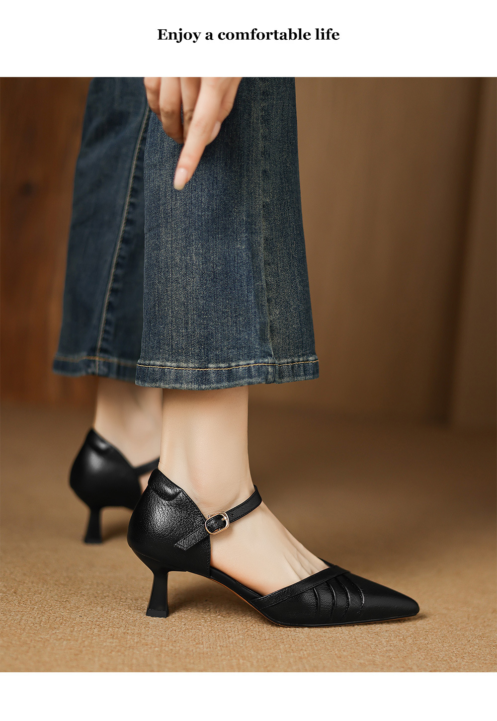 Giày sandal cao gót nữ quai ngang mũi nhọn da cừu gót 5,5 cm — đen chi tiết 13