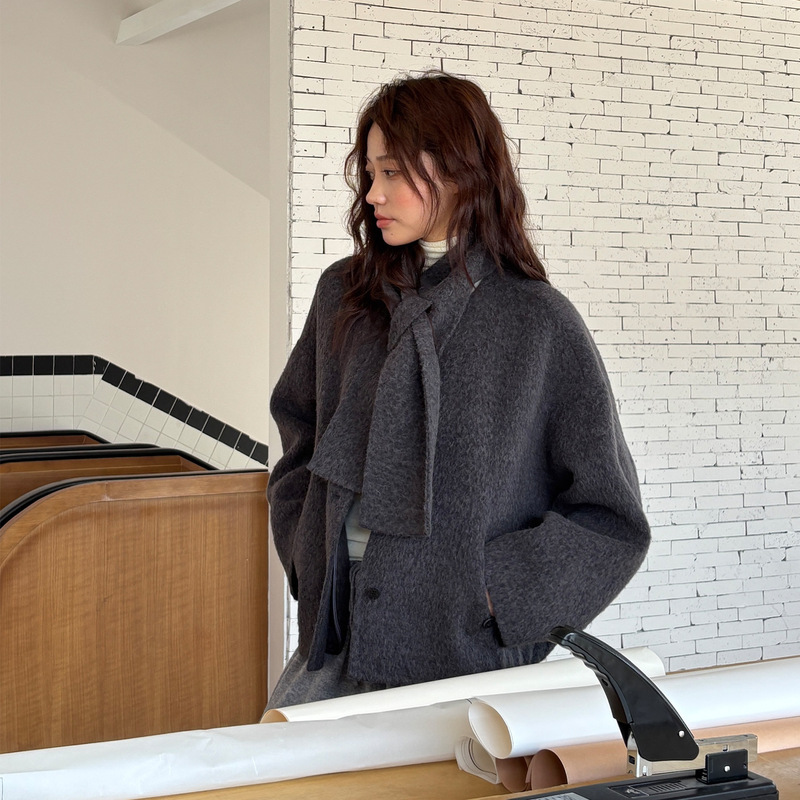 Suli Alpaca Double-Sided Wool Coat for Women, Autumn/Winter 2025, Warm Scarf Collar, Petite Short Jacket