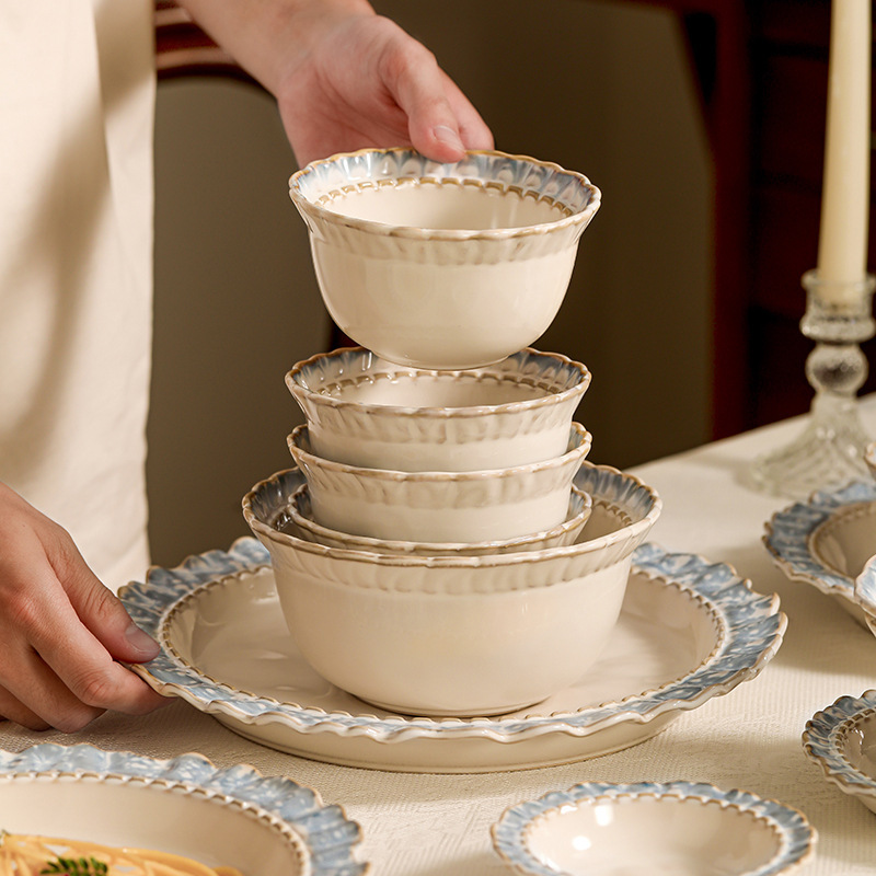 French Style Vintage Ceramic Tableware Gift suit Dishes Household Light Luxury High-Level Housewarming Dishes Bowl Chopsticks Soup Bowl