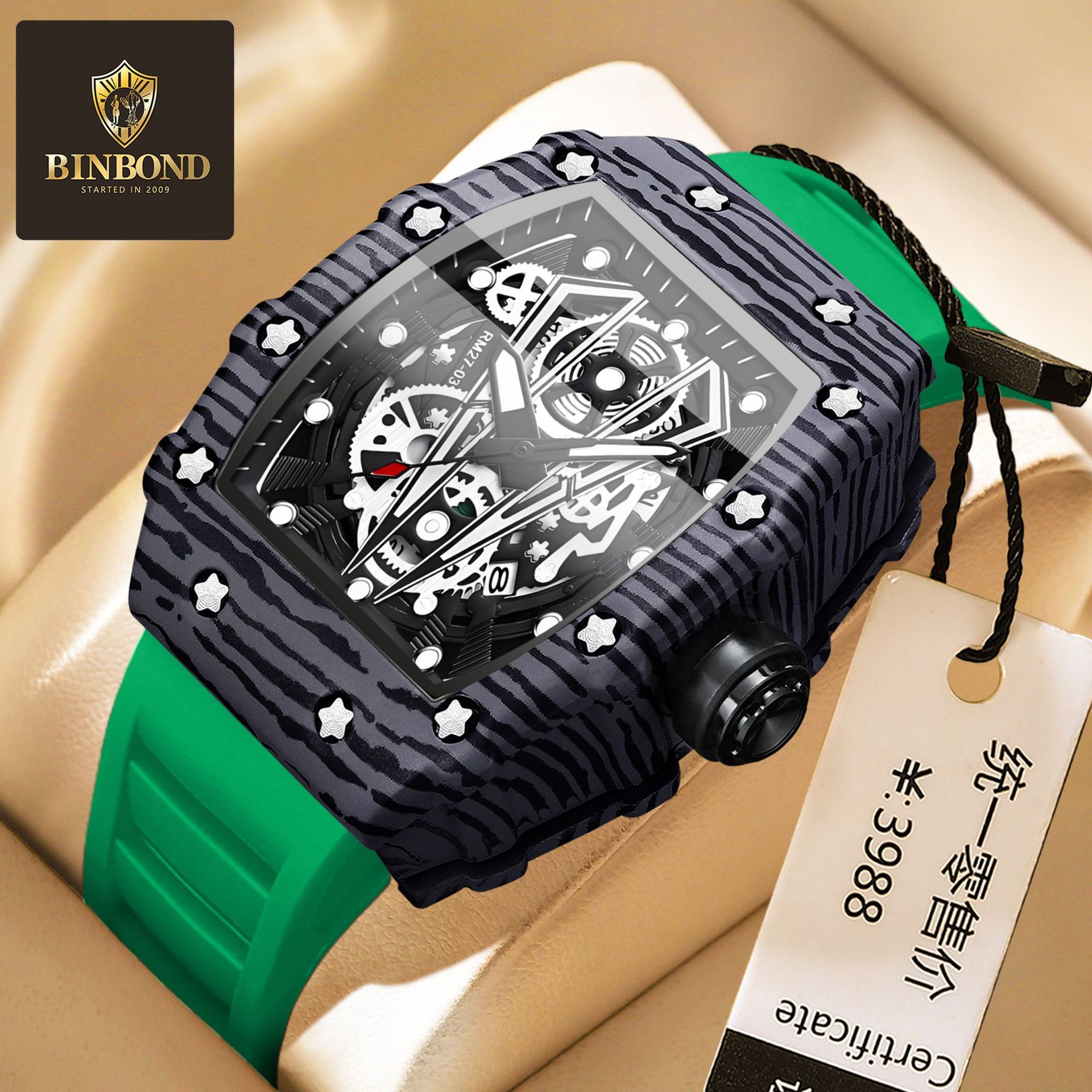 BINBOND Brand Watch domineering wine barrel men's watch curved mirror hollow Sports Men's Watch cross-border foreign trade watch